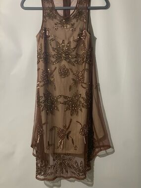 Altar'd State Brown Embellished High-Low Mesh Dress
